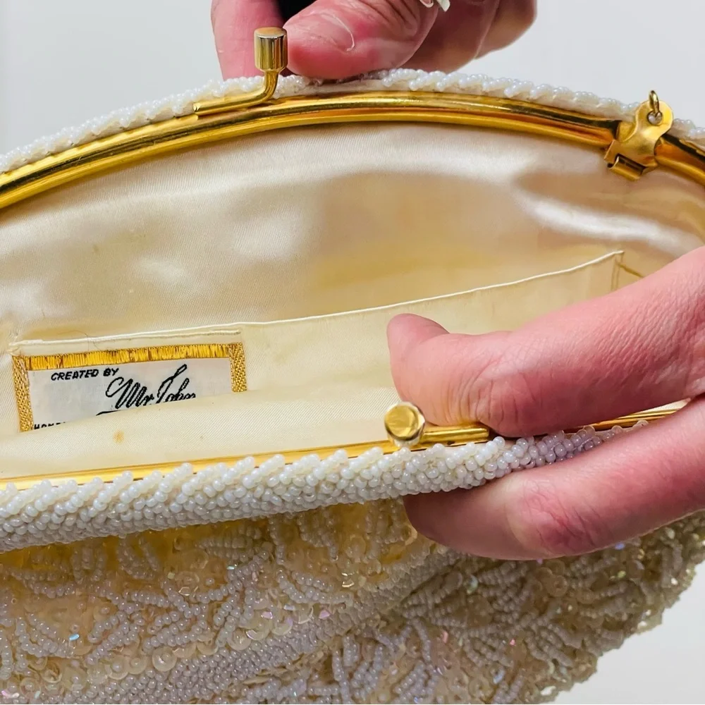 Vintage 60s White Beaded Clutch with Gold Tone Clasp